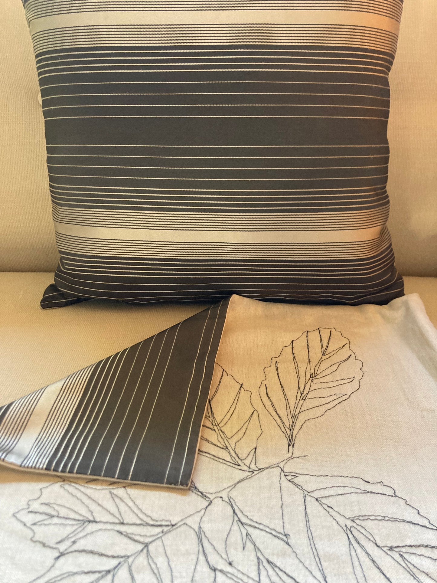 Cushion Cover - Leaves and Stripes