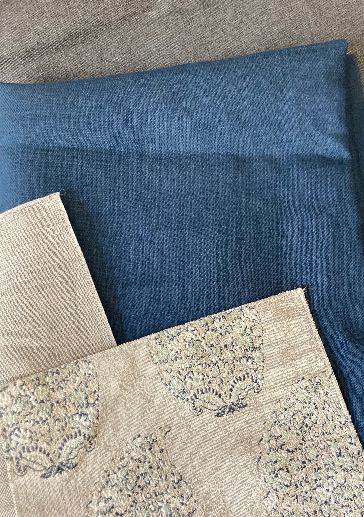 Taupe and Navy Blue curtain fabric collection
