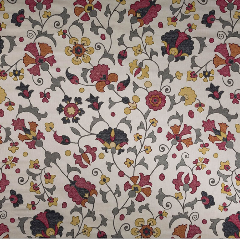 floral pattern with raspberry red, navy blue and yellow gold colors on cream background