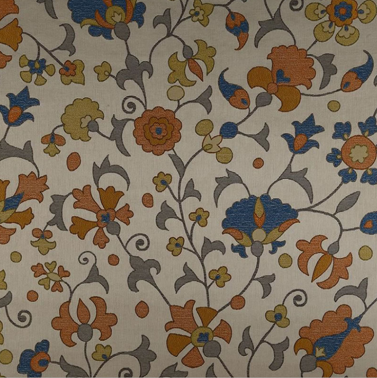 floral pattern with orange, blue and yellow gold colors on cream background